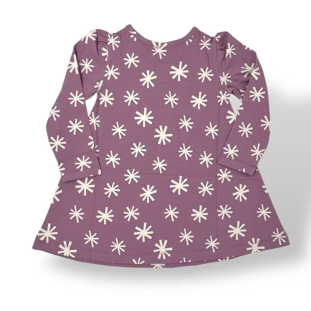 Long Sleeve Swing Dress. “Snowflakes on Orchid Haze.” Size 2.